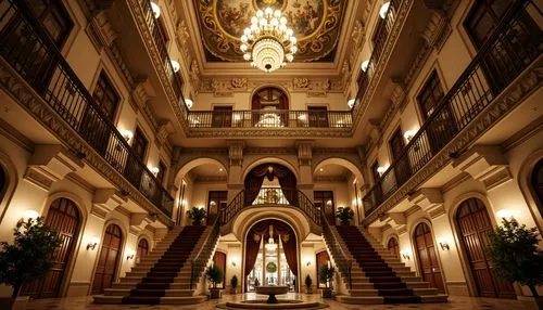 Grandiose palatial facade, ornate stone carvings, sweeping arches, gilded ornamentation, intricate moldings, lavish frescoes, ornamental balconies, twisted columns, elaborate fountain displays, majest