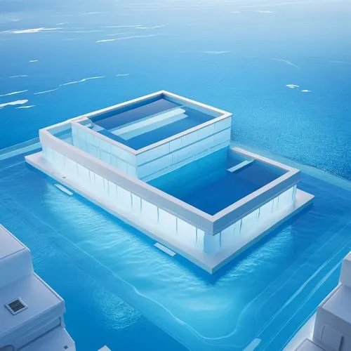 a large pool on top of blue water,water cube,infinity swimming pool,cube sea,floating stage,aqua studio,marine tank,roof top pool,swim ring,futuristic art museum,water sofa,solar cell base,swimming po