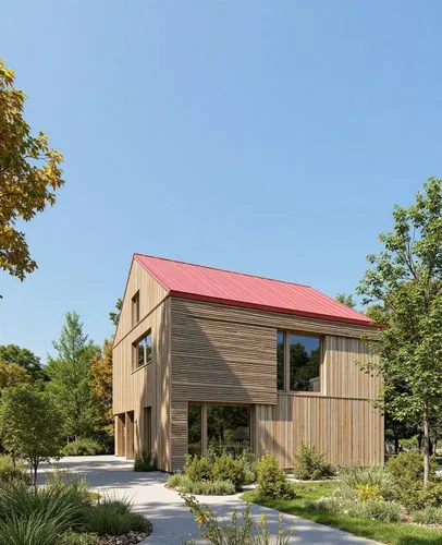 A modern cabin-style house with a striking red sloped roof and a mix of wooden and concrete textures. The building is surrounded by lush greenery and natural landscaping, creating a harmonious connect
