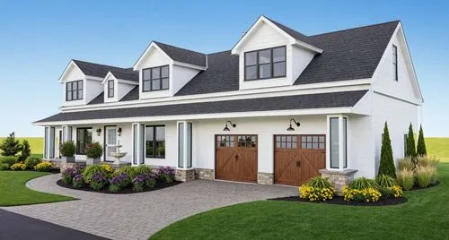 A photo of a two-story, modern farmhouse with a large front porch and two garages. the house has a white exterior with dark gray shingles on the roof and a dark brown garage door on the right side. Th