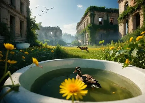 a ducks swim in a dirty pool in front of ruins,bird bath,bird in bath,flower water,birdbath,watering can,wishing well,idyllic,bath,birdbaths,photo manipulation,pigeon spring,canals,fantasy picture,wat