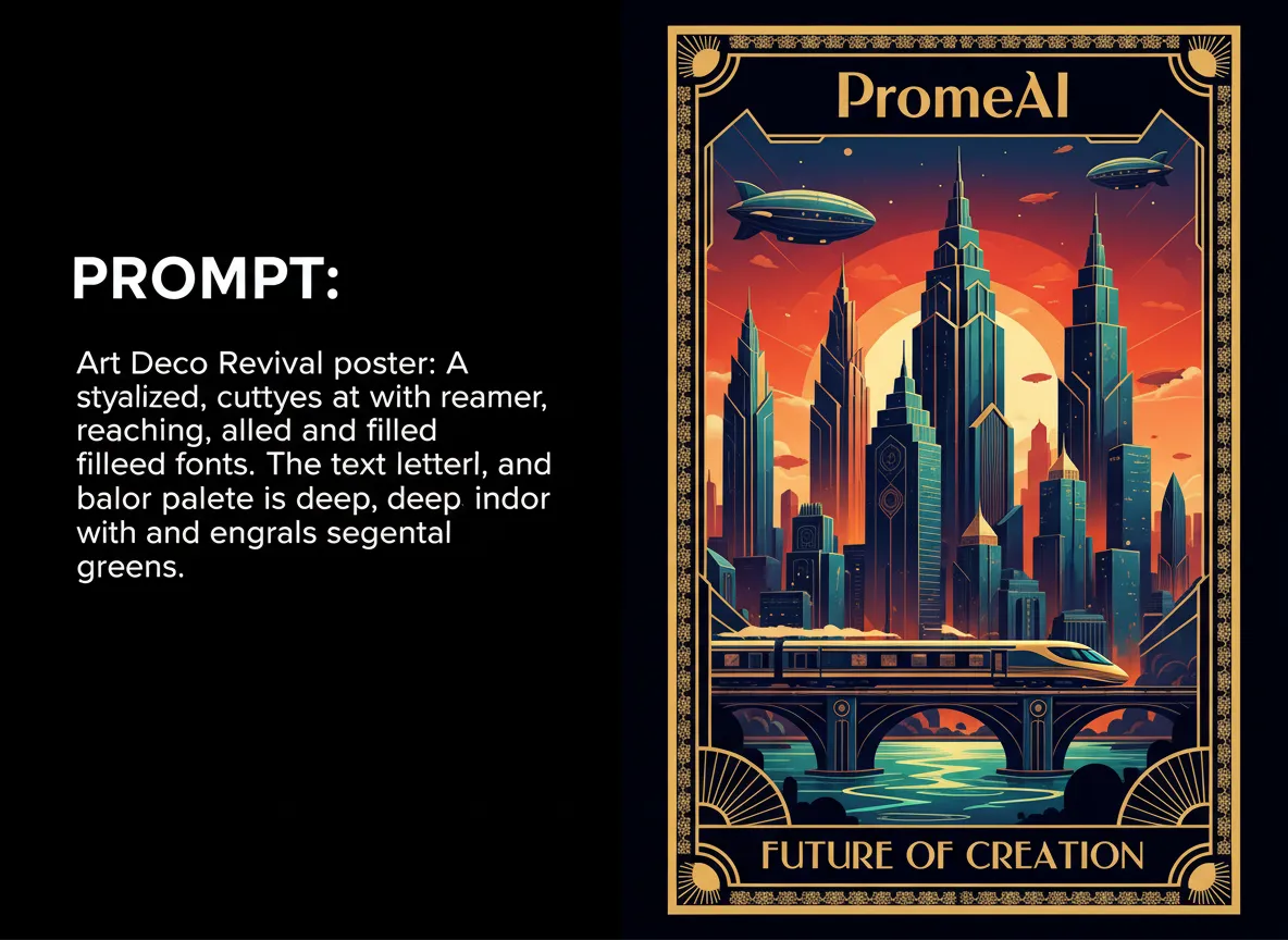 Un confronto affiancato che mostra un semplice prompt di testo e il dettagliato manifesto Revival Art Déco che PromeAI ha generato da esso.