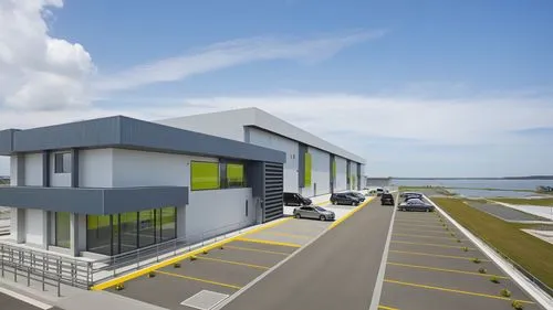 “Render arquitectónico de un complejo industrial moderno. En primer plano, se muestra un edificio administrativo de dos niveles con un diseño contemporáneo, que combina acabados en concreto gris, deta