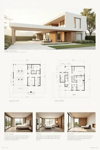 A professional architectural presentation board with a Pure background and a clean, minimalist design layout. The board includes:

Top Section: On the top left, a photorealistic render of a contempora