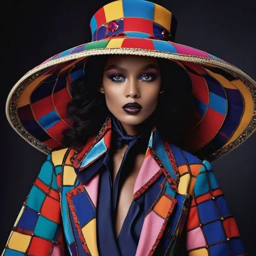 A dark model wearing an eccentric outfit in the style of Dior, inspired by Harlequin makeup and an oversized hat with vibrant colors. The fabric is made from patchwork, creating intricate patterns tha