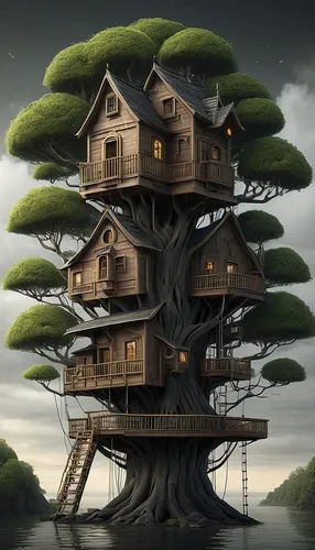 Design a dream treehouse with secret passages.,tree house,tree house hotel,treehouse,stilt house,stilt houses,wooden house,crooked house,tree top,treetop,house in the forest,hanging houses,bird house,