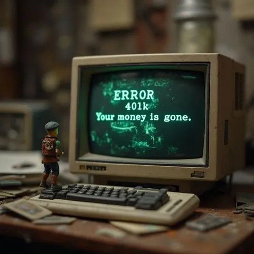 an old computer on a cluttered desk. On the screen in green computer letters written "ERROR 401k" and "Your money is gone",a small toy figure next to an old computer,error,errors,fallout,destroy money