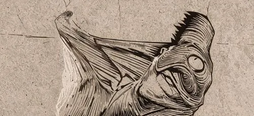 COMIC STYLE, COMIC ART, Tuschelinien, Schatten, dynamische Linienführung, 2000's Comic‑Look, slim black ink outline,a drawing on a wall depicting a fish,wood carving,woodcarving,carved wood,wooden mas