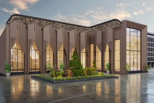 concrete floor,a rendering of a building made out of arches and glass,render,crown render,school design,city mosque,wooden facade,grand mosque,new building,star mosque,office building,new city hall,mo
