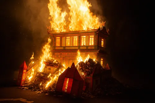 a large fire blazing through a building with red windows,burning house,house fire,fire ladder,the house is on fire,burning of waste,cremation,arson,fire dance,pyromania,fire background,fire in firepla