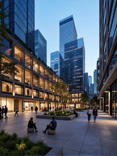 Photograph of a modern urban plaza at dusk featuring a multi-level building with extensive glass facades,integrated greenery,and outdoor seating areas. The plaza is bustling with activity,with pedestr