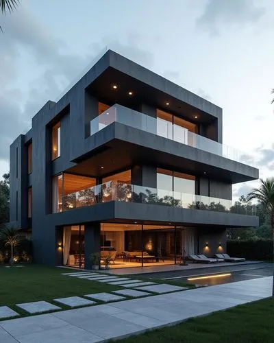 A contemporary, multi-story luxury residence showcasing a bold, geometric composition of stacked rectangular volumes in deep charcoal and slate hues. The façade features sleek glass railings, spacious