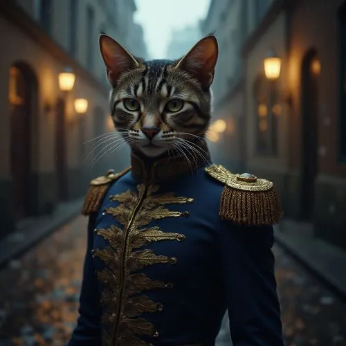     "Elegant feline portrait in ornate navy military jacket with gold trim, mysterious European alleyway backdrop, gas lamps, rainy cobblestone street, cinematic mood"

,a cat in military clothing sta