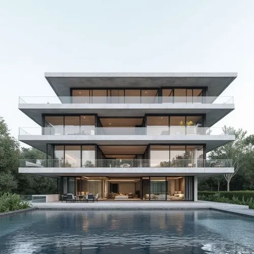 Three-story contemporary minimalist villa, exactly THREE full visible floors with identical heights, never two stories. Strong horizontal architecture with two interlocking volumes, elegant cantilever