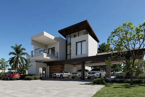 A photo-realistic shoot from a bird's eye view about a modern two-story house with a minimalist design, featuring a large entrance flanked by two smaller buildings on either side. the image also shows