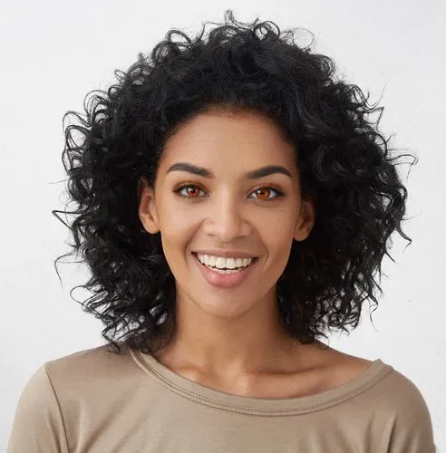 The pupils and whites of the eyes are orange.,a smiling woman with curly hair and brown eyes,eritrean,girl on a white background,hyperpigmentation,invisalign,eritreans,juvederm