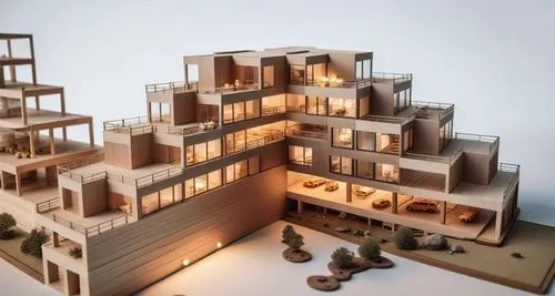 the building has a lot of windows to see it,model house,dolls houses,lofts,habitat 67,an apartment,cubic house,sky apartment,cube stilt houses,dollhouses,multistory,wooden construction,penthouses,cant