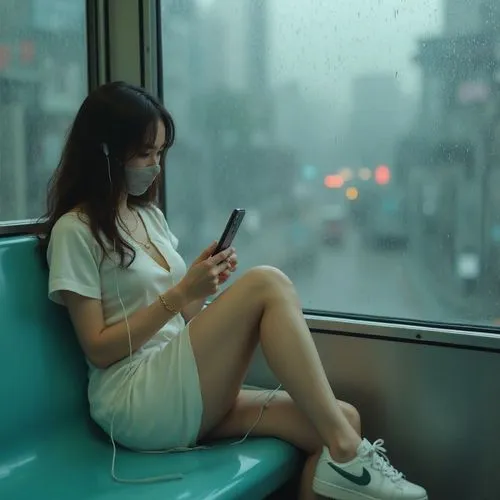 a woman in a white dress on a subway train,girl sitting,the girl at the station,woman sitting,girl in a long,relaxed young girl,mobile phone
