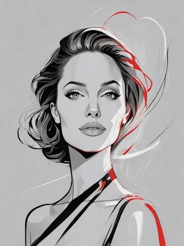 A striking minimalist pop art illustration of a confident woman. The image relies on bold lines and a limited color palette, primarily featuring red, white, and black. The woman's hair flows in a mode
