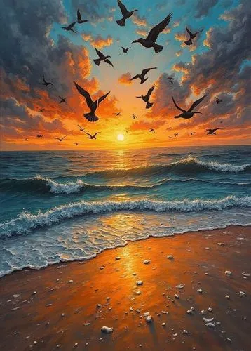 Oil painting with a brush, hours at dusk in front of a beach, birds pass by in perfect dance, and you are drawn by the storm and the sands. Abstract Expressionism, Mixed Media. Crazy sunset. Worm's ey