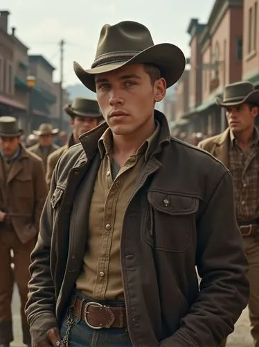 10 young men of Irish bad group. Background is a daytime country town in America. From movie still.


,the cowboys in uniform stand around with their hands in their pockets,westerns,rangoon,schnetzer,