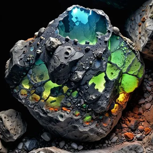 roccia spaccata , lavorata e levigata di colore nero, con all'interno minerali fluorescenti,an artistic rock that has green and blue rocks on top of it,olivine,opals,minerals,colored rock,tektite,colo
