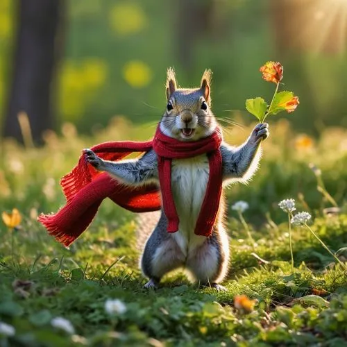 a fluffy-tailed squirrel, dressed in a bright red sweater and scarf, stands on a grassy field, donning a pair of floppy ears. He throws a large, colorful green leaves with ease through his teeth and d