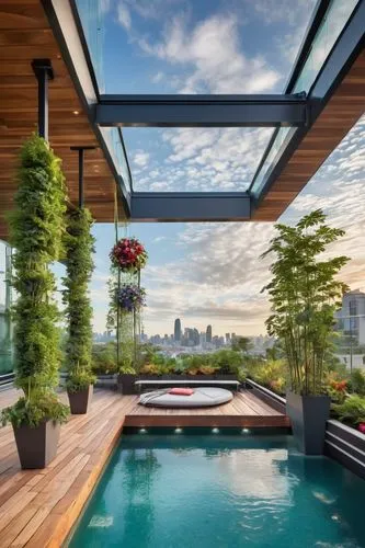 Modern Dubbeldam architecture, futuristic design, luxurious sky garden house, sleek lines, minimalist aesthetic, floor-to-ceiling windows, cantilevered roof garden, lush greenery, vibrant flowers, com