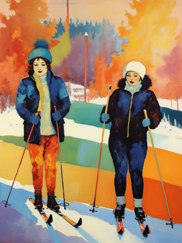 Лыжники,two women are riding skis down a snowy path,skiers,skiing,ski race,snowboarders,winter sports,ski lift