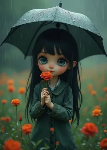 A photo-realistic shoot from a front camera angle about a cute, chibi-style girl holding a flower under an umbrella in the rain. the image also shows a serene and whimsical atmosphere. on the middle o