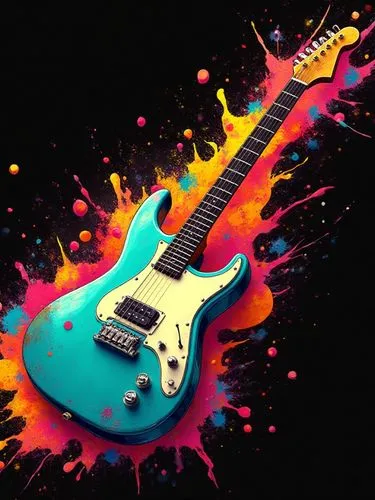 An artistic depiction of a vibrant electric guitar with a retro-modern design, featuring a sleek turquoise body with a glossy finish. The guitar is surrounded by an explosion of colorful paint splashe