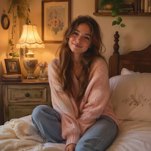 a charming young lady with soft, flowing hair sitting on a wooden bed with white bedding, wearing a cozy, pastel-colored sweater and jeans, looking serene and relaxed, bathed in warm light from a beds