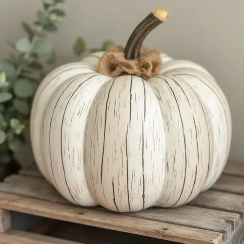 A farmhouse-style pumpkin painted to look like distressed wood in muted beige and white tones. Adorned with small burlap accents and placed on a rustic wooden crate, it adds a warm, cozy vibe perfect 
