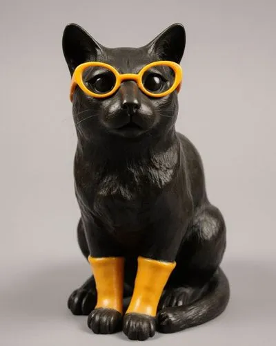 estatua de un gato oscuro con gafas naranjadas,the statue of a cat with orange rubber boots and goggles,glasses penguin,tortoise shell,vintage cat,sooty chat,sooty,feline look,monocle,swimming goggles