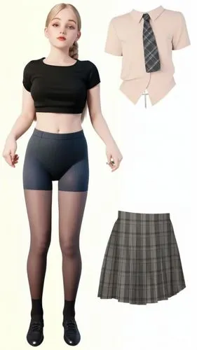 Paper doll 2d cartoon british schoolgirl in white t shirt ,black spandex shorts with black sock and black shoe standing surrounded by with a set of British  school uniform, white dress shirt, plaid bl