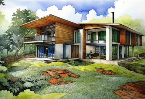 this is an artist's rendering of a modern house,prefab,modern house,smart home,house in the forest,smart house,prefabs