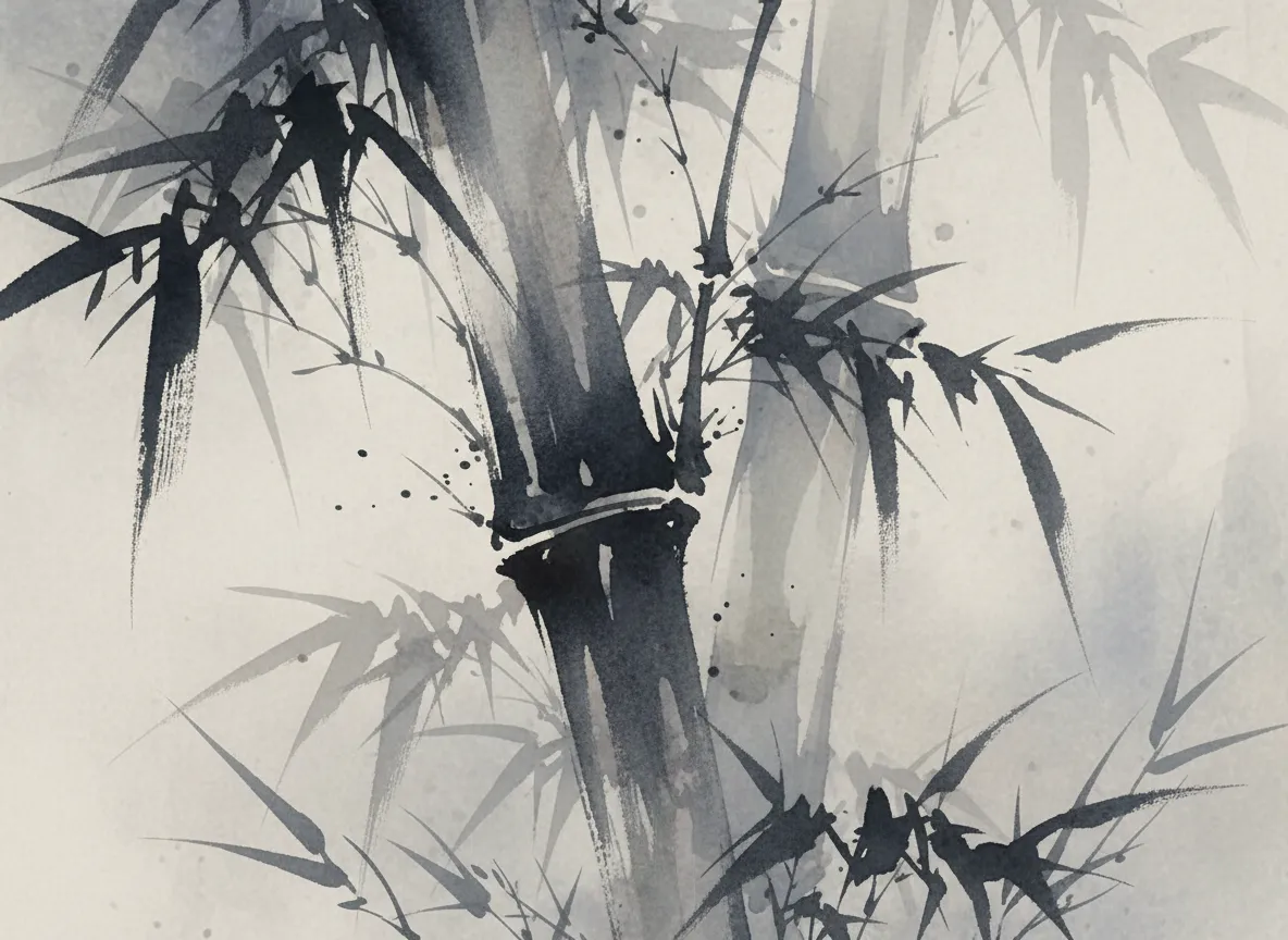 Primo piano di un effetto di pittura a inchiostro digitale su un dipinto di uno stelo di bambù generato dall'IA, che mostra texture e sfumature dettagliate.