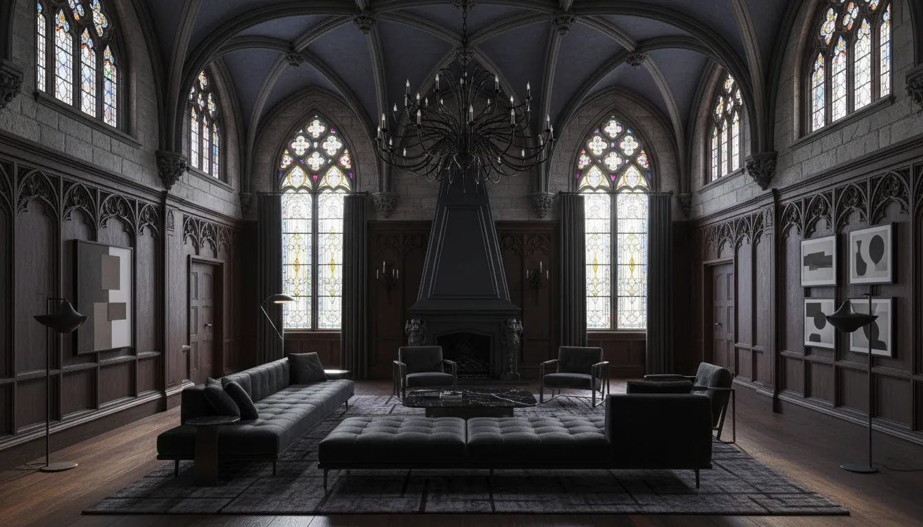 一张由 AI 生成的逼真客厅图片，展示了经典的哥特复兴设计，拥有高耸的拱形天花板、尖拱窗和现代深色家具。