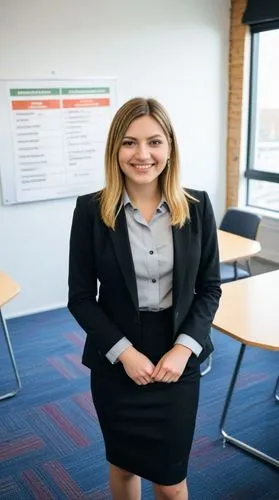 High quality photo, best face features: beautiful face, smart 23-year-old european female with a great satisfied smile, facing the camera and looking directly at it.,a woman wearing a business suit in