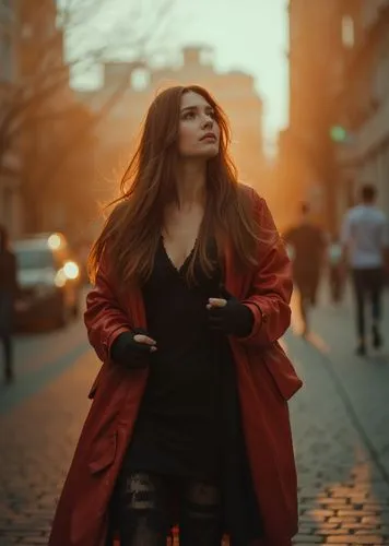 A striking full-body photograph of a beautiful 23-year-old Caucasian woman, with long brown hair cascading to her shoulders, dressed in a black dress with a neckline and a bold red leather jacket, com