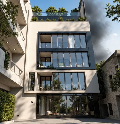 “6-story residential building on pilotis, north-facing. Designed in the style of Alireza Taghaboni. Bold geometric volumes with deep interlocking forms, clean lines, and dynamic shadow play. Limited g