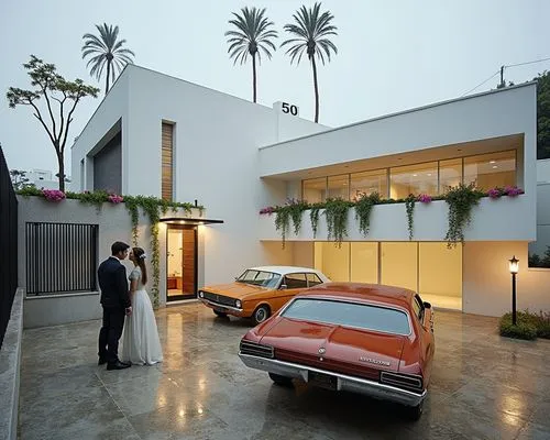 Create a vibrant architectural illustration of a modern minimalist home with a white textured facade. It has a ramp for the garage, in the same way it has a gate for the garage and a gate for the gard