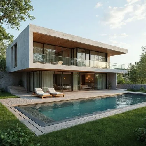 casa moderna y minimalista de dos niveles, con una combinación de concreto liso y revestimiento de piedra en la planta baja. Grandes ventanales de vidrio con cortinas traslúcidas permiten la entrada d