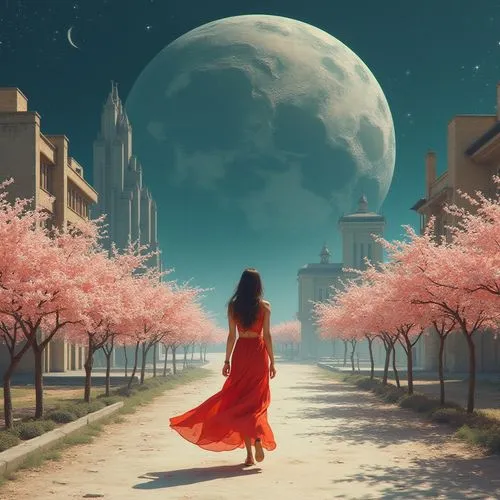 A woman in a red dress walking on the moon, surrounded by cherry blossom trees and tall buildings, with the planet Earth visible behind her --style raw --v 6.1,a woman walking down a road with some tr