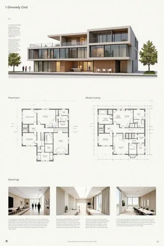 A professional architectural presentation board with a Pure background and a clean, minimalist design layout. The board includes:
Top Section: On the top left, a photorealistic render of a contempora