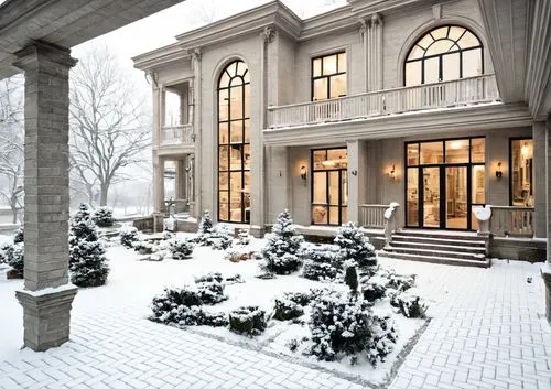 On a snowy day with light snow, a little light is shining from indoors. ,there is an outdoor area covered in snow,winterplace,winter house,nemacolin,gleneagles hotel,luxury home,fairmont chateau lake 