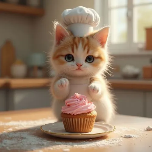 Ultra-photorealistic 3D render of a tiny, fluffy calico kitten wearing a miniature white chef's toque and apron, its paws dusted with flour, proudly presenting a perfectly baked miniature cupcake with