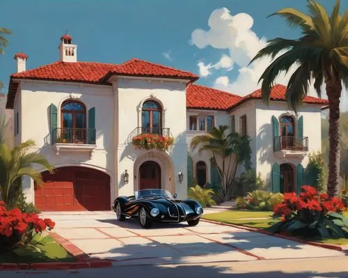 Modern luxury villa, Mediterranean Revival style, grand entrance, double doors, arched windows, stucco walls, red-tiled roof, sprawling lawn, colorful flower beds, tall palm trees, curved driveway, sl