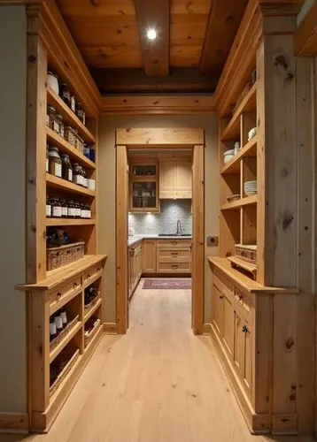 Rustic pantry with a warm and organized design, featuring natural wooden shelves lined with jars, baskets, and pantry staples. The floor is made of natural wood planks, and the ceiling has exposed woo