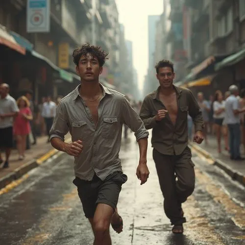 two men running down a wet street next to each other,two meters,people walking,tracers,walking in the rain,backpackers,runner,free running,runaway,running,outrunning,a pedestrian,shanghai,runners,to r